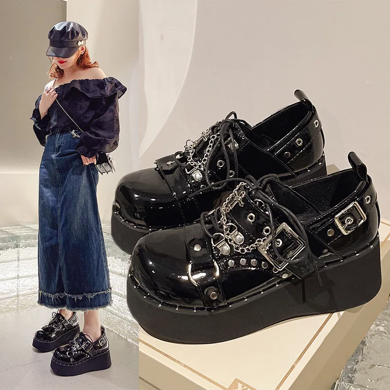 Women Fashion Buckle Strap Chunky Platform Pumps Patent Leather Thick Bottom Gothic Shoes Woman Punk Thick Heels Mary Jane Shoes