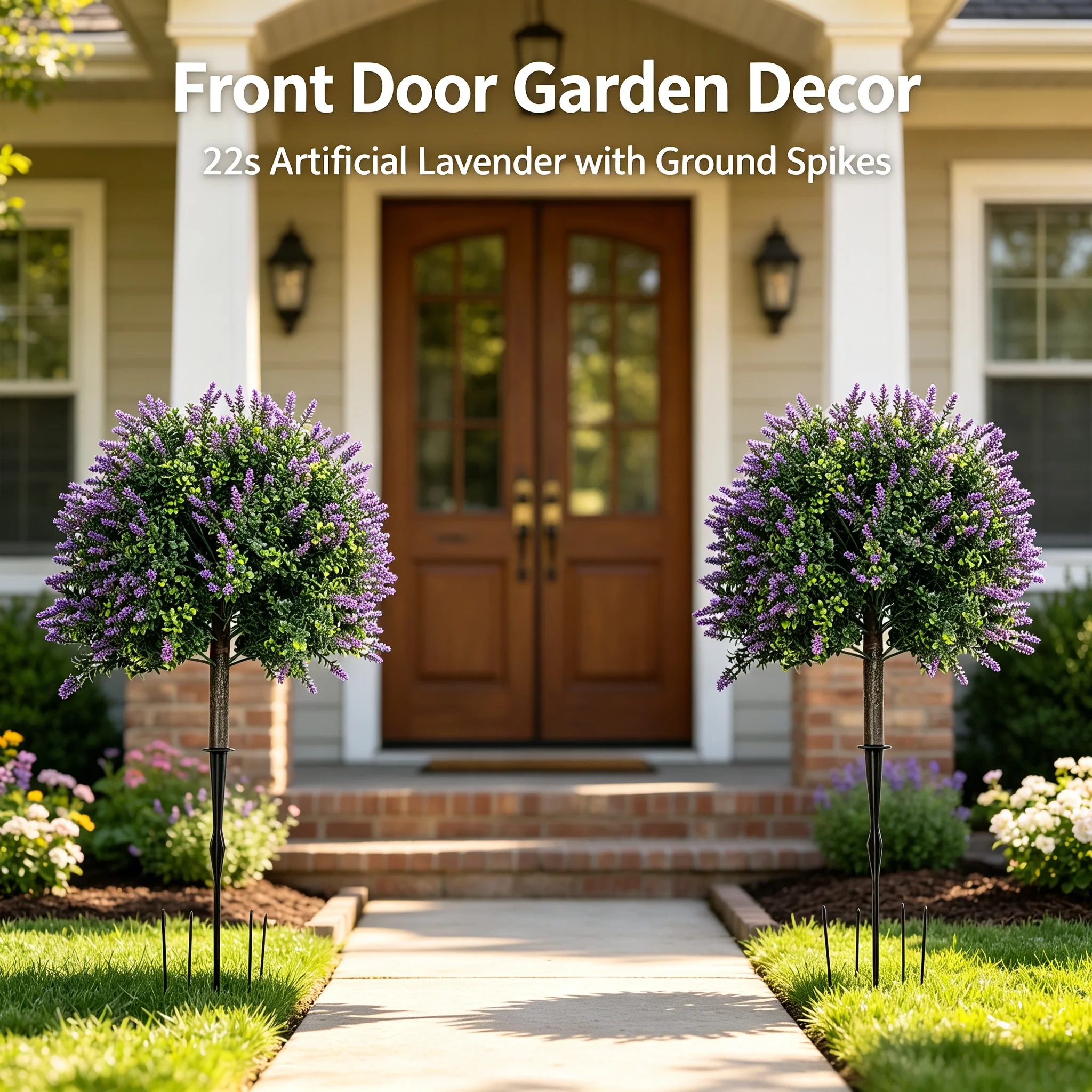 2Pcs Artificial Lavender Plants with Ground Spikes, Fake Lavender Flowers UV-Resistant for Indoor Outdoor Garden Balcony Front Door Decor, 40x72cm Purple Green