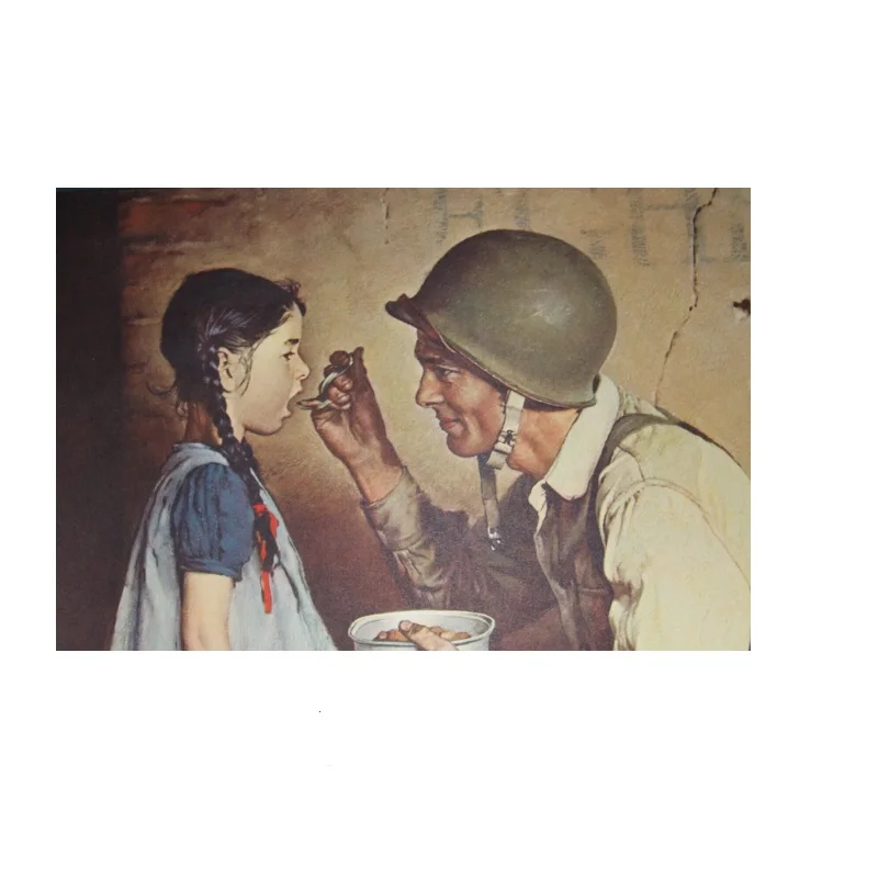 NORMAN ROCKWELL THE AMERICAN WAY compassionate GI feeds girl, Print Art Silk Poster, For Living Room Decor, Home Wall Picture