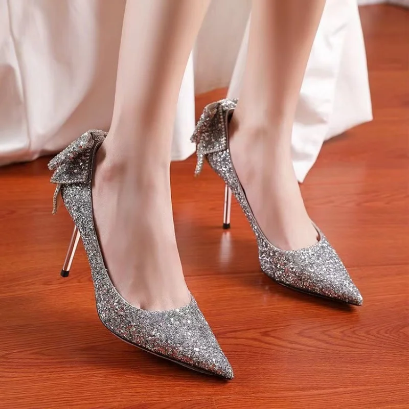 Buty dla kobiet 2022 wysokie obcasy buty ślubne ślub panny młodej sukienki dla motyla szpilki Rhinestone Pointed Toe obcasy srebrne