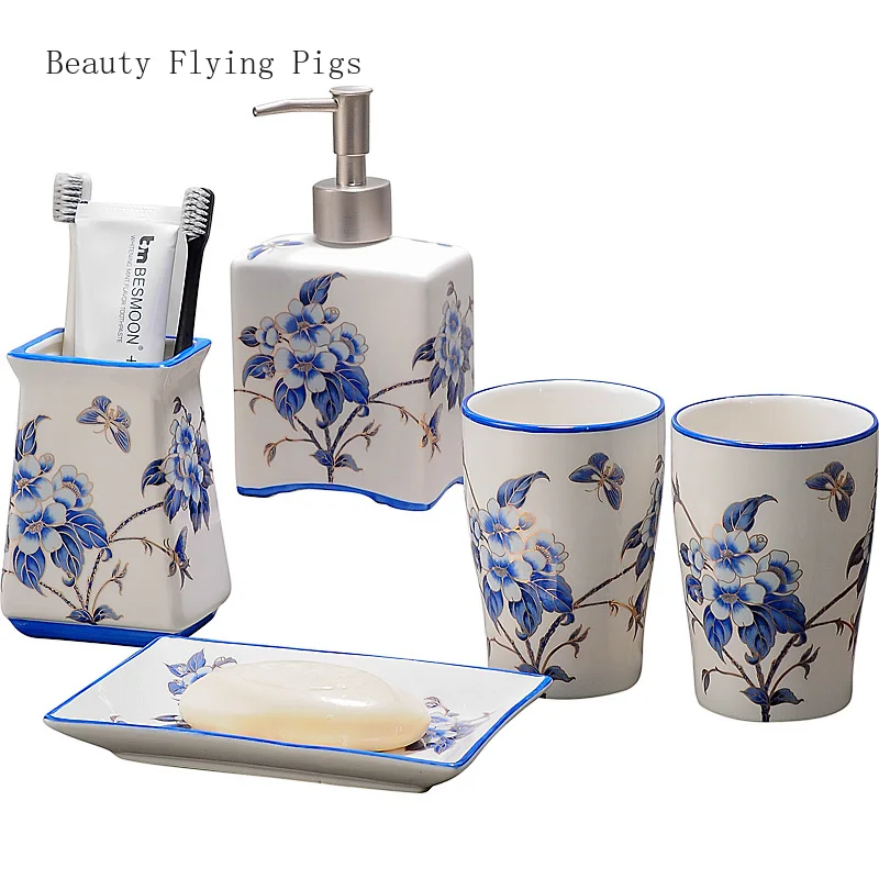 

China-Chic Blue and White Ceramic Mouthwash Cup Set Household Toilet Couple Tooth Brush Cup Wash Set bathroom decor