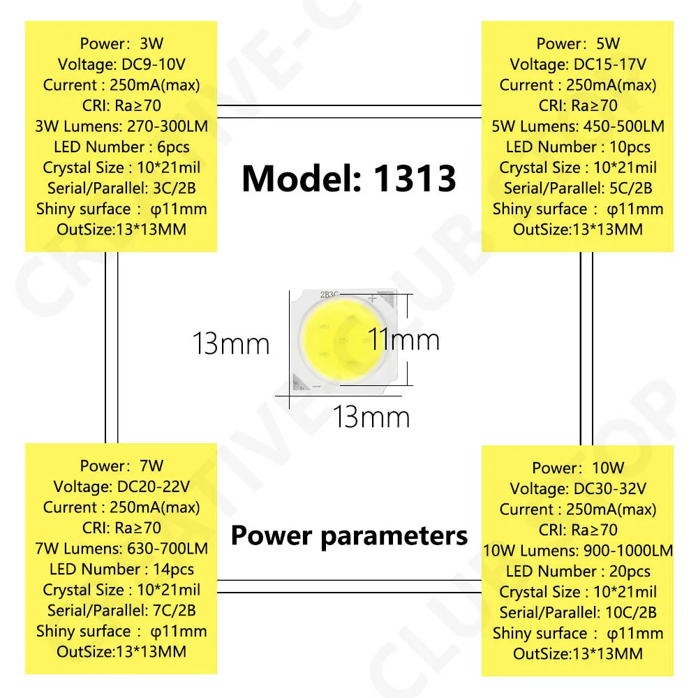 10 peças por lote 3w/5w/7w/10w 6500k/4000k/3000k contas de luz led cob 1313 contas de lâmpada led chip spot light downlight lâmpada de diodo