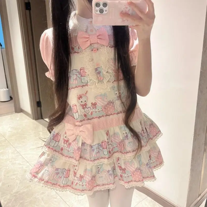 فستان لوليتا كاواي بطباعة كرتونية للنساء، فستان قصير بتصميم Y2k مع تطريز دانتيل، فستان ياباني لطيف بفيونكة وأكمام منتفخة
