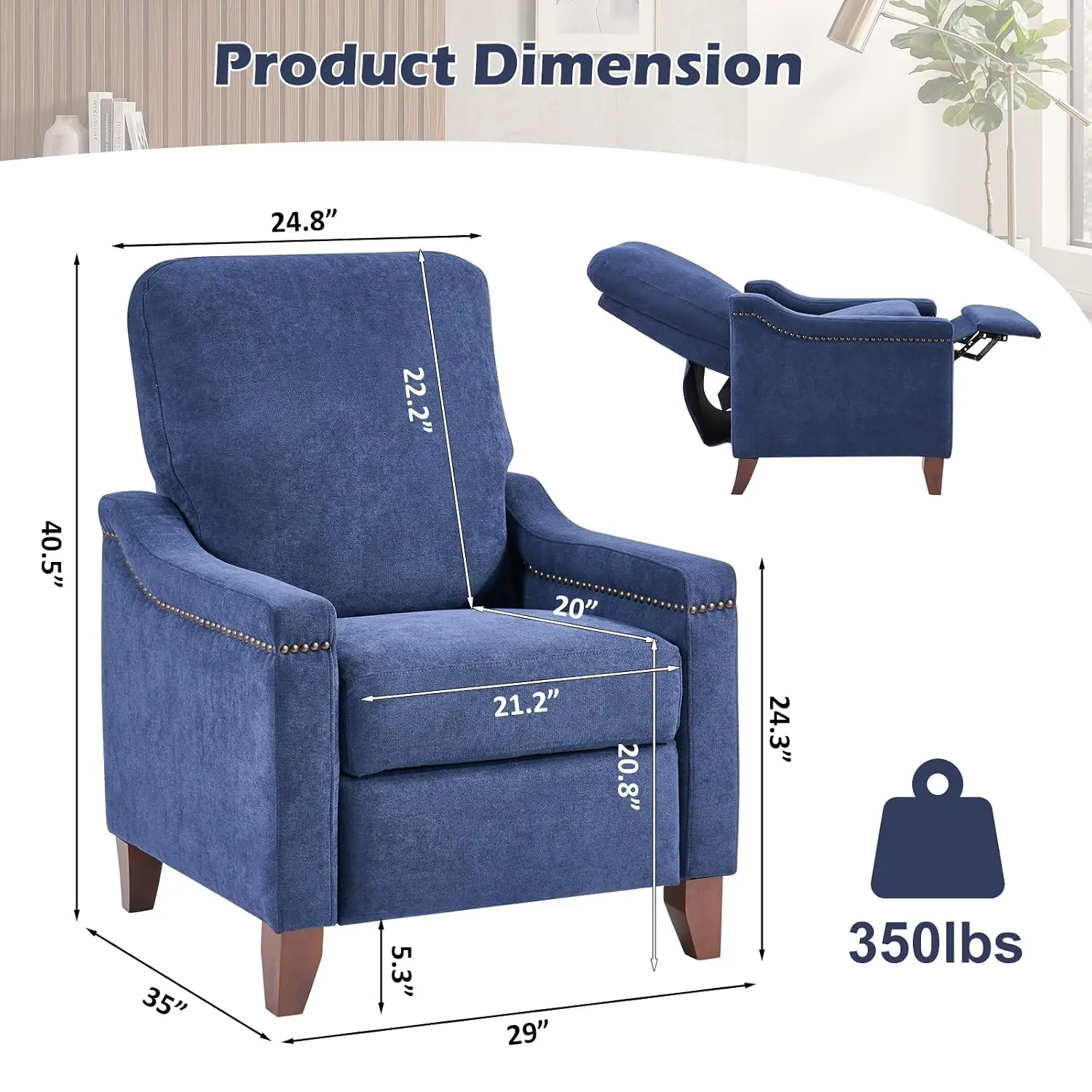 Chenille Pushback Recliner Set of 2 with Rivet & Padded Cushion, Tufted Back Reclining Chair for Living Room, Blue, Customized