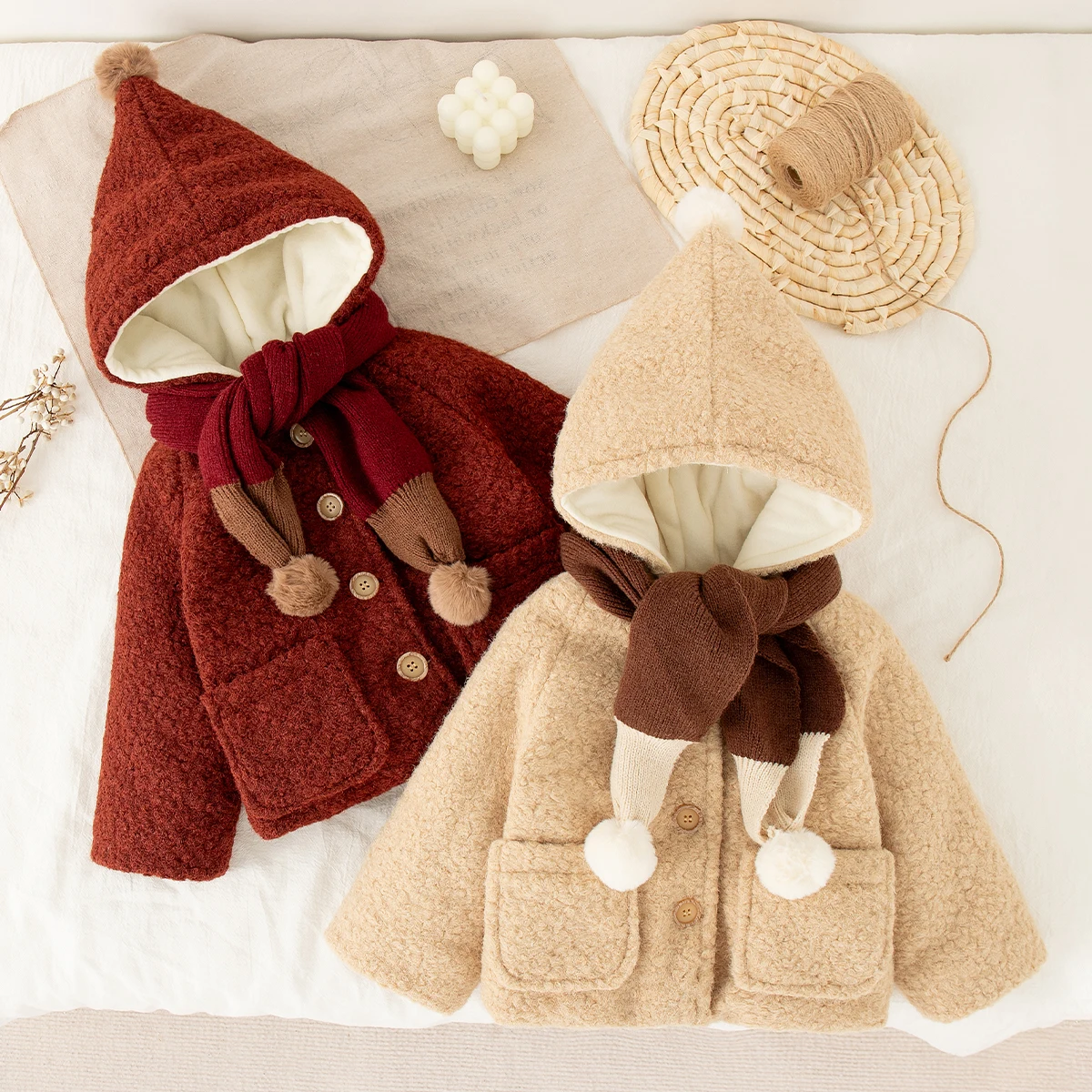 

Girls Christmas Festival Party Solid Color Long Sleeved Hoodle Warm Coat with Scarf Autumn Winter Baby Girl Plush Coat