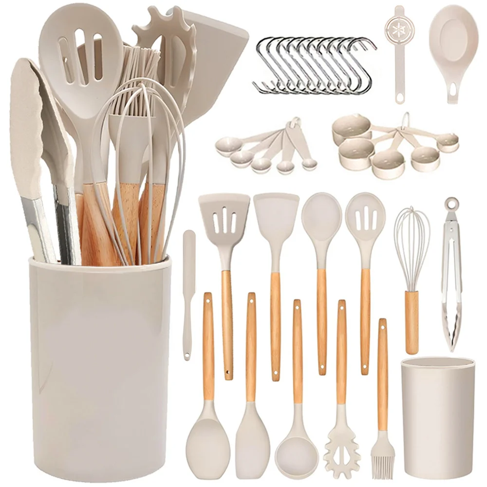 35pcs Silicone Cooking Utensils Set with Wooden Handle, Heat Resistant Kitchen Gadgets Tools Set for Nonstick Cookware