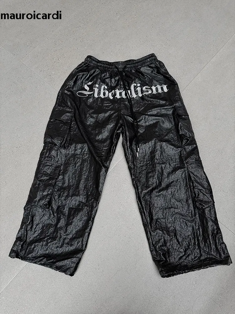 

Mauroicardi Spring Autumn Cool Long Embroidered Shiny Pu Leather Wide Leg Pants Men Luxury Brands Original Clothes Streetwear