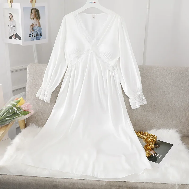 Women V-neck Long Nightgown Hollow Lace Sleepwear Home Dress Casual Sleepshirts Ladies Princess Nightwear Casual Satin Pajamas