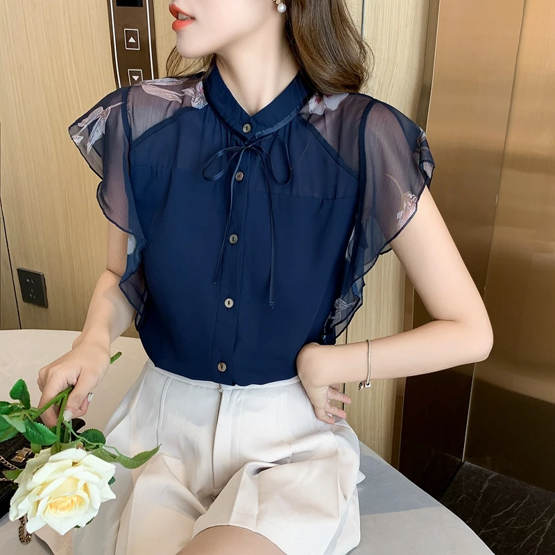 Summer Women Chiffon Blouse Shirt Women Tops Short Sleeve Blouse Women Blusas Mujer De Moda 2024 Blouses Femme Top Shirts F123