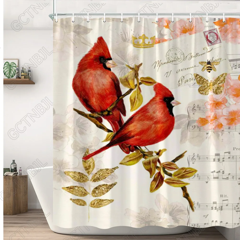 Pink Flower Bird Shower Curtains Floral Branch Leaf Palm Tree Beach Scenery Bathroom Curtain Cloth Bathtub Home Decor With Hook