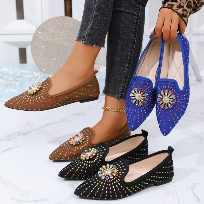 

Fashion Rhinestone Design Pointed Casual Single Shoes for Women's 2025 Autumn New Shallow Mouth Comfortable Versatile Flat Shoes