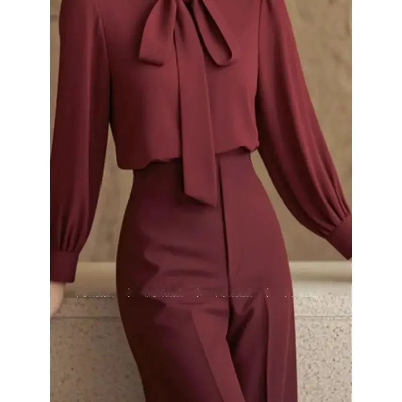 Nuevo traje francés elegante para mujer, moda de primavera, blusa con cordones + pantalones elásticos de cintura alta, conjuntos de 2 piezas para oficina para mujer