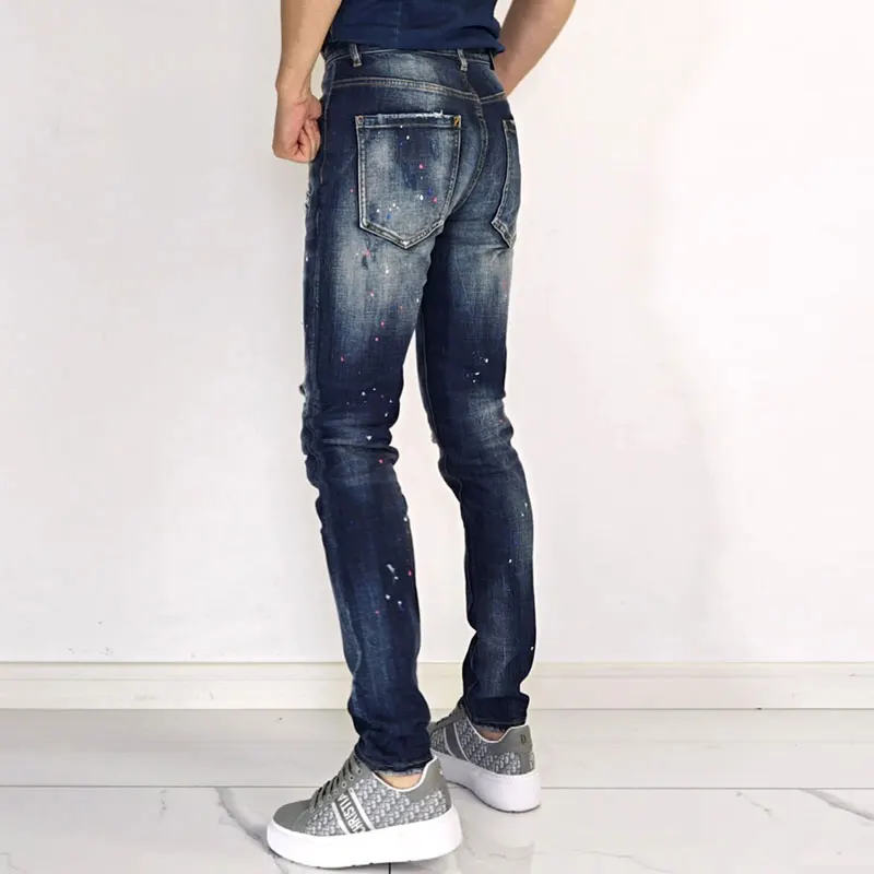 

Y2K Street Fashion New Men's Jeans Painted Red Patch Washed Water Stretch Slimming Retro Blue Jeans Designer Hip Hop Brand Pant
