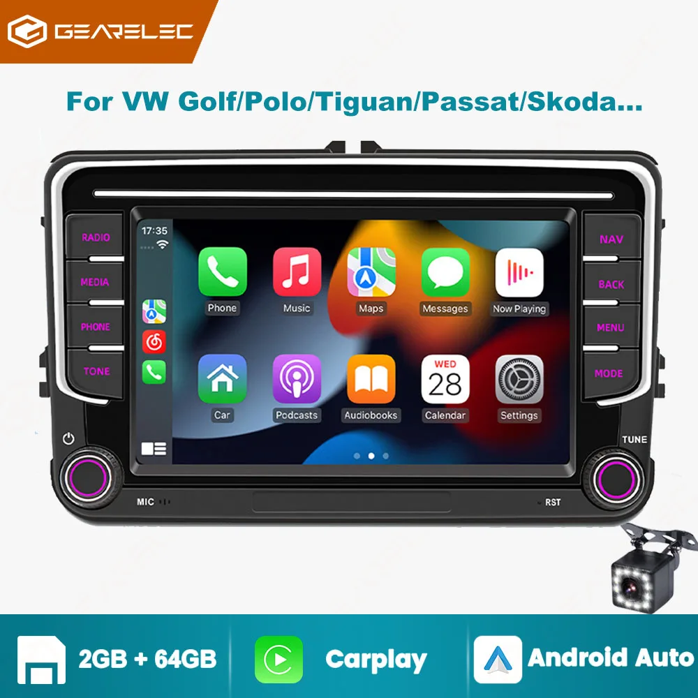 7-Zoll-CarPlay/Android Auto Autoradio-Haupteinheit für VW Volkswagen Golf, Polo, Tiguan, Passat; BT, Wi-Fi, USB, GPS; 2-DIN-Auto-Multimedia-Player
