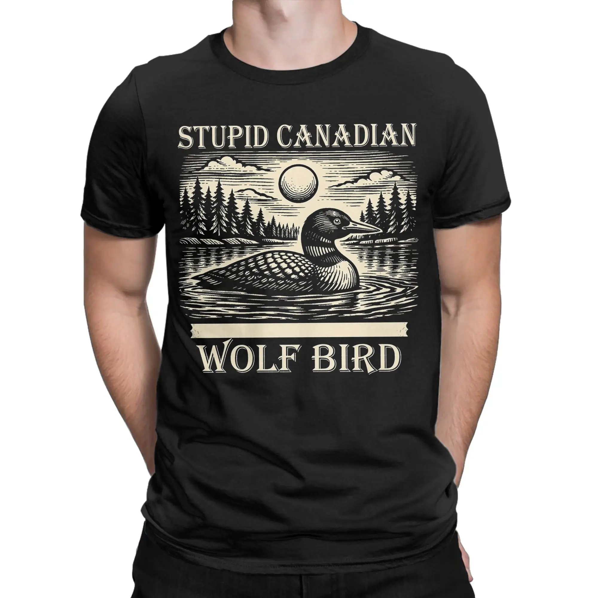Men T-Shirts Stupid Canadian Wolf Bird Retro Vintage 100% Cotton Tee Shirt Short Sleeve  T Shirts Round Neck Clothing Gift Idea