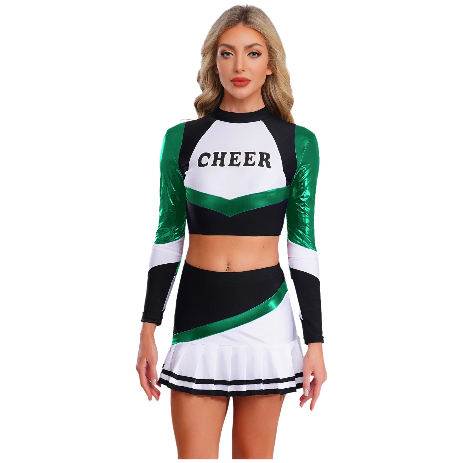 

Womens Cheerleading Uniform Metallic Shiny Long Sleeve Crop Top And Pleated Miniskirt for Halloween Match Performance Dancewear