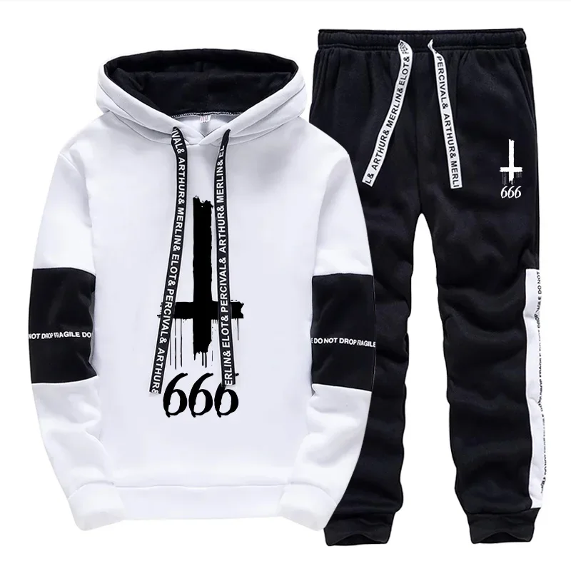 

2025 новейшие мужские толстовки, спортивные штаны, комплект из 2 предметов, городской повседневный модный спортивный костюм Сатана, толстовка с перевернутым крестом и принтом, повседневная одежда