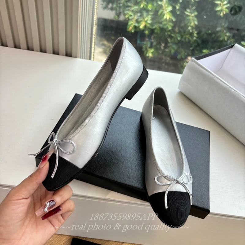 أحذية جلدية نسائية جديدة للربيع والصيف ذات طبقة واحدة مقترنة مع أحذية باليه مسطحة بفيونكة