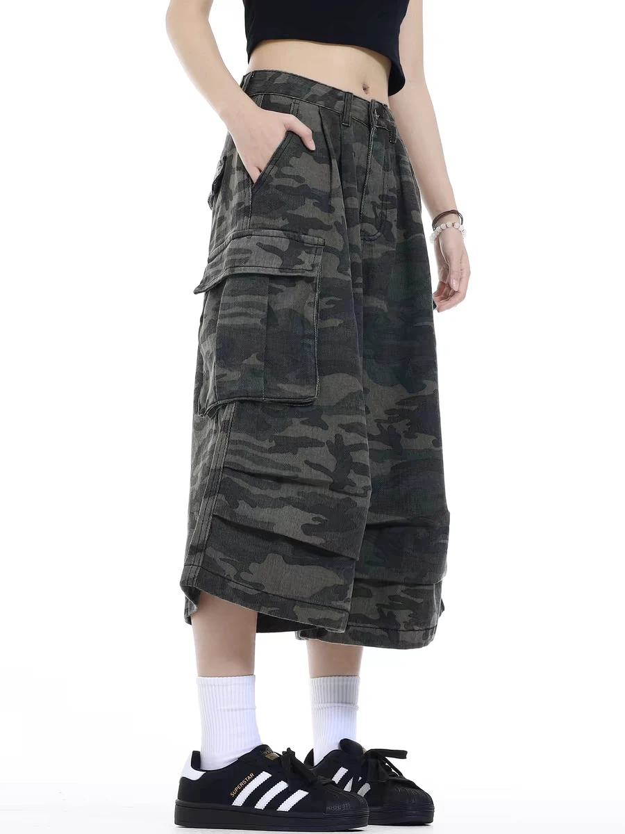 レトロ迷彩ワークウェア オルトス ワイドレッグ ケット デニムジーンズ カジュアル ハイウエスト セブンフット丈 ヴィンテージ風