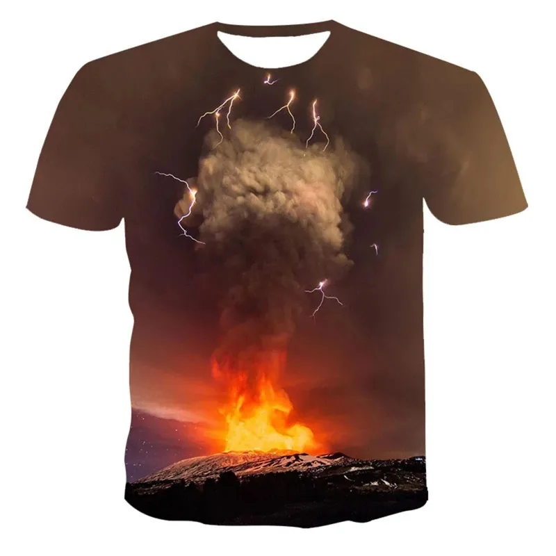 Summer Fashion Children Teen Cool Clothes T Shirts Casual Harajuku Style Volcano Eruption Graphic Print Boy Girl T-Shirt Tops