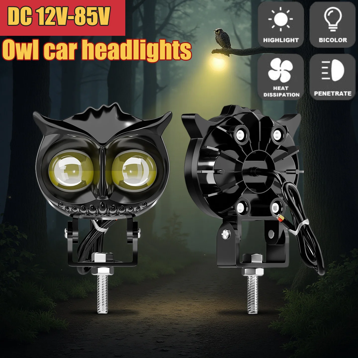 2 Pcs 3 Modes High/Low Beam LED Motorcycle Headlight Owl Eyes Fog Lights Moto Modification Accessories for Motorbike ATV Truck