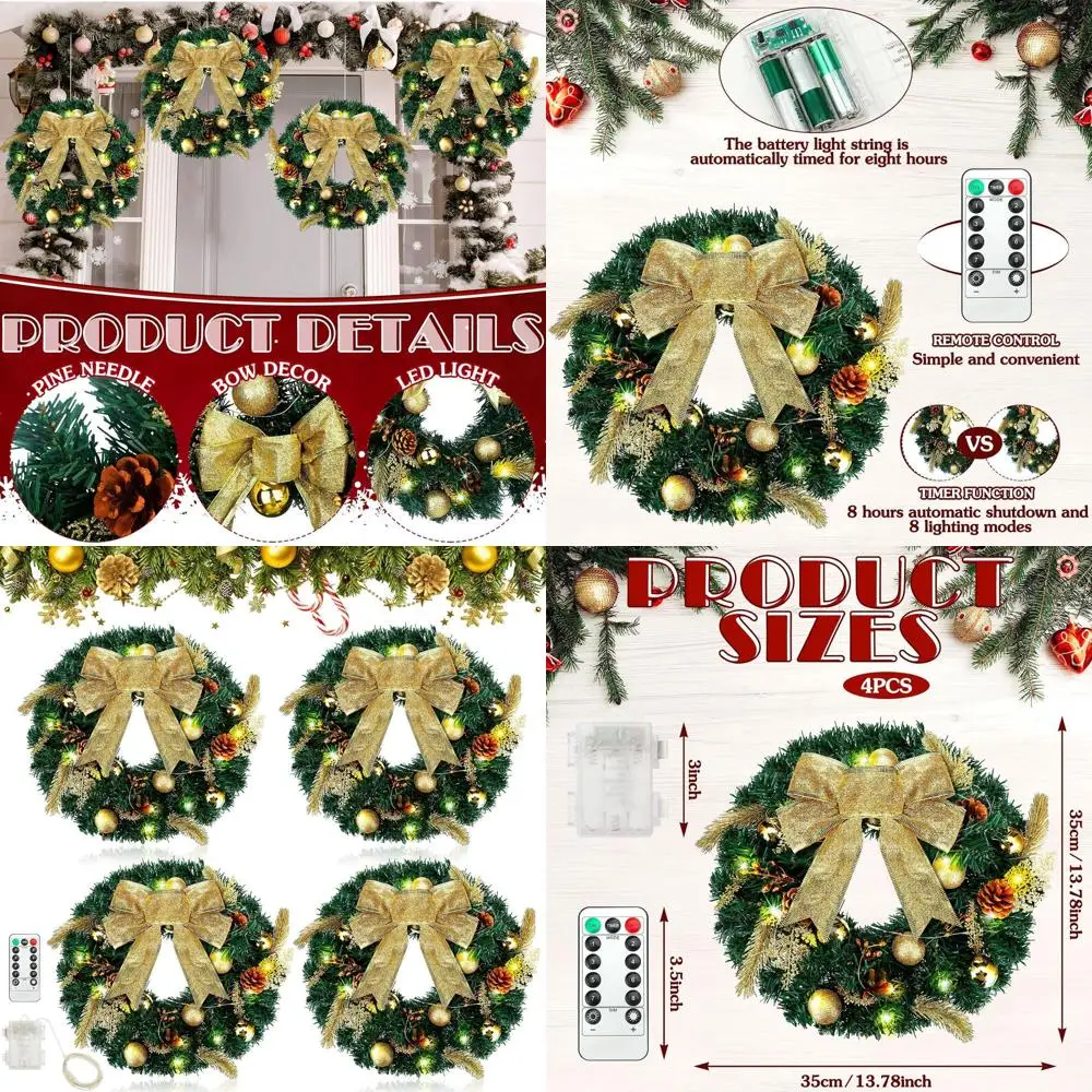 

Battery-Powered 14-Inch 80-LED Gold Bow Christmas Wreath with Remote Timer, Pine Cones, Cypress Leaves, Balls, Glitter for Indoo