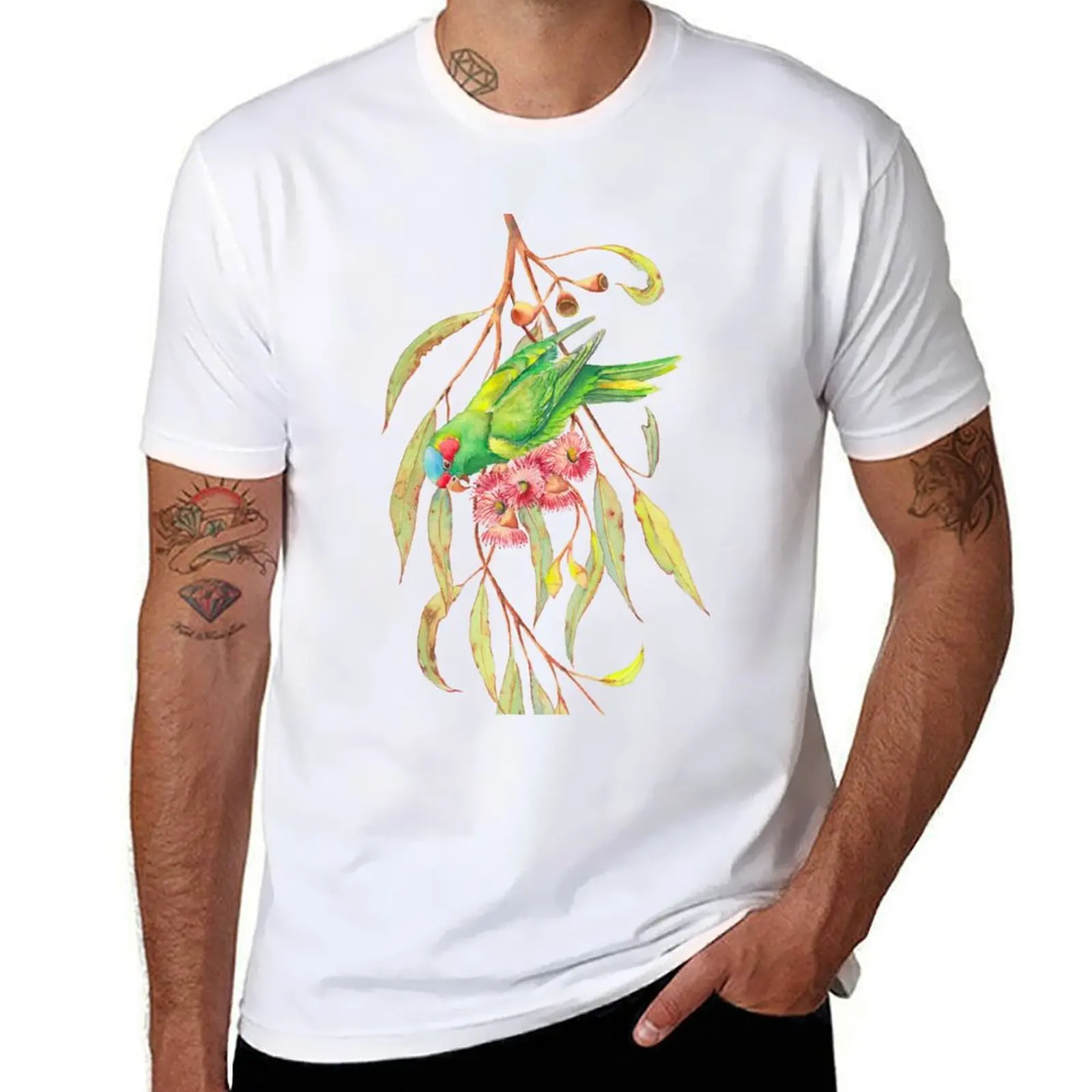 

Musk Lorikeet and eucalyptus branch watercolour painting T-Shirt Louboutins luxury t-shirt plain t shirts men