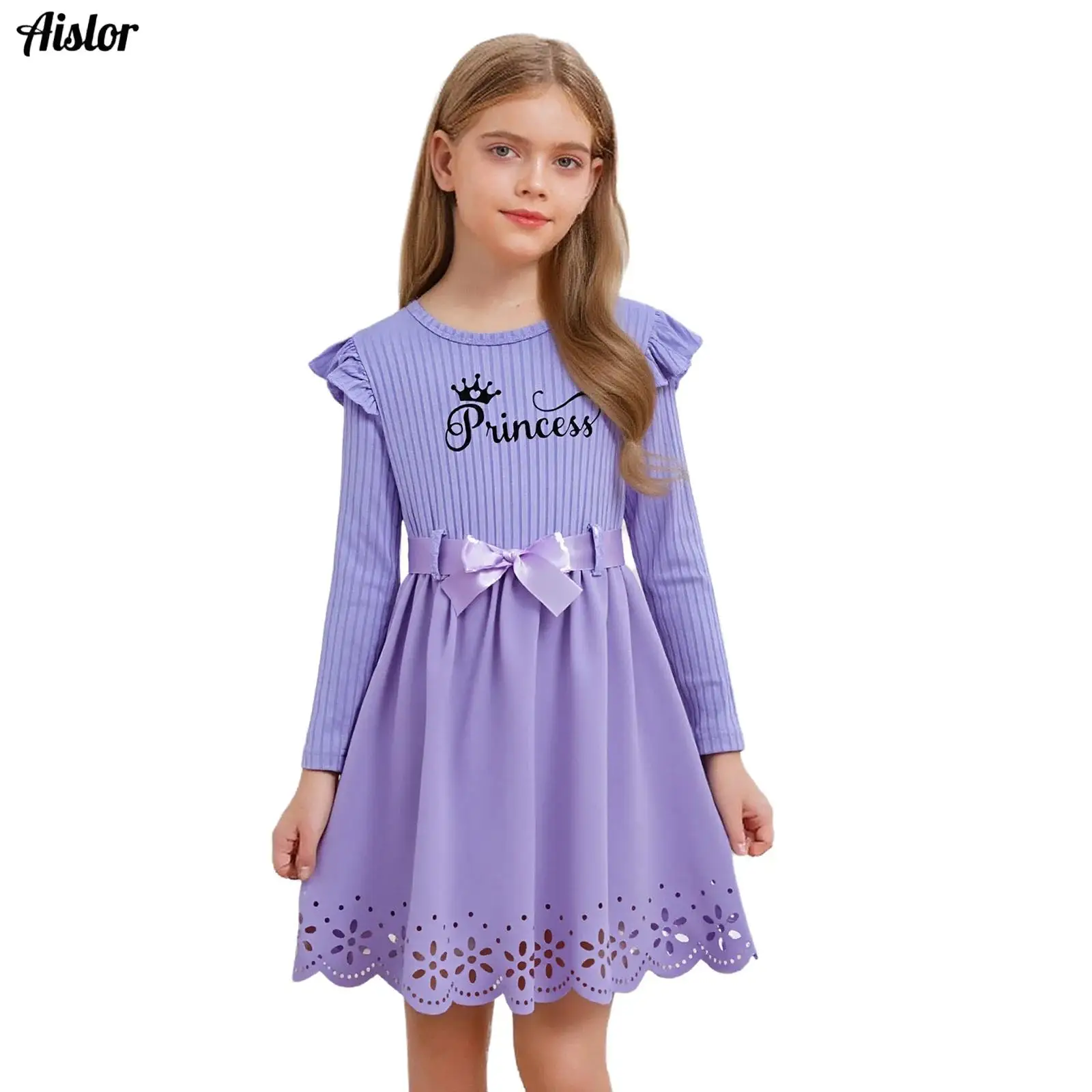

Kids Girls Dress Ruffles Long Sleeve Hollow Out Floral Hem Letter Printed Dress with Belt for Wedding Birthday Party Dress