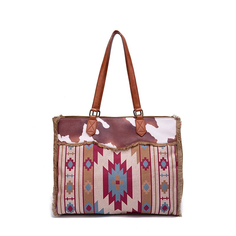 

Bohemian washed denim countryside style handmade cotton and linen laptop special compartment wallet two-piece tote bag