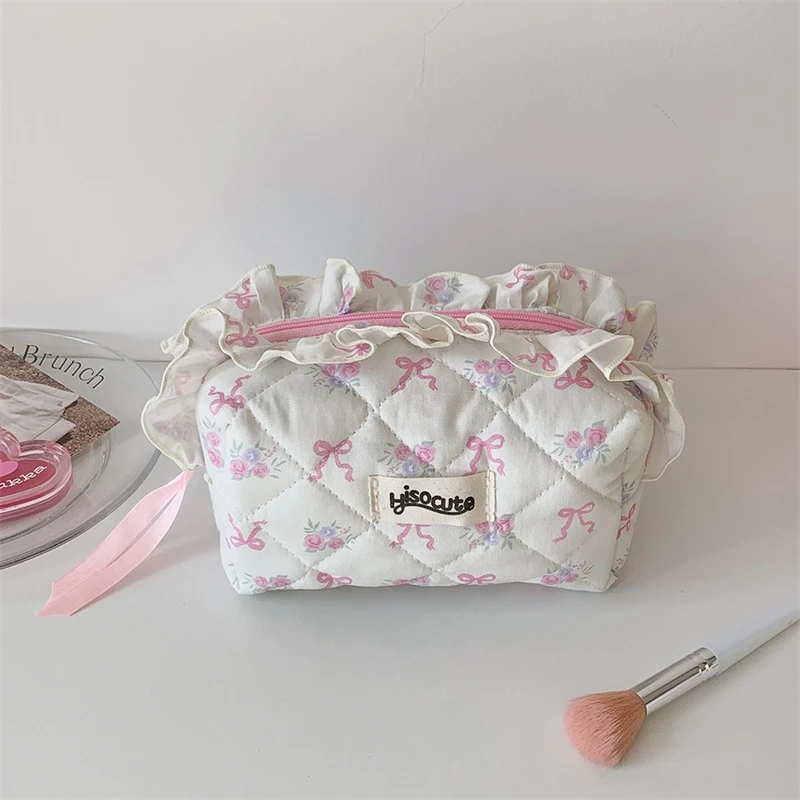 

New Fashion Cherry Tote Women Makeup Bag Portable Cute Ladies Cosmetic Toiletry Storage Pouch Handbag Cotton Quilted Zipper Bag