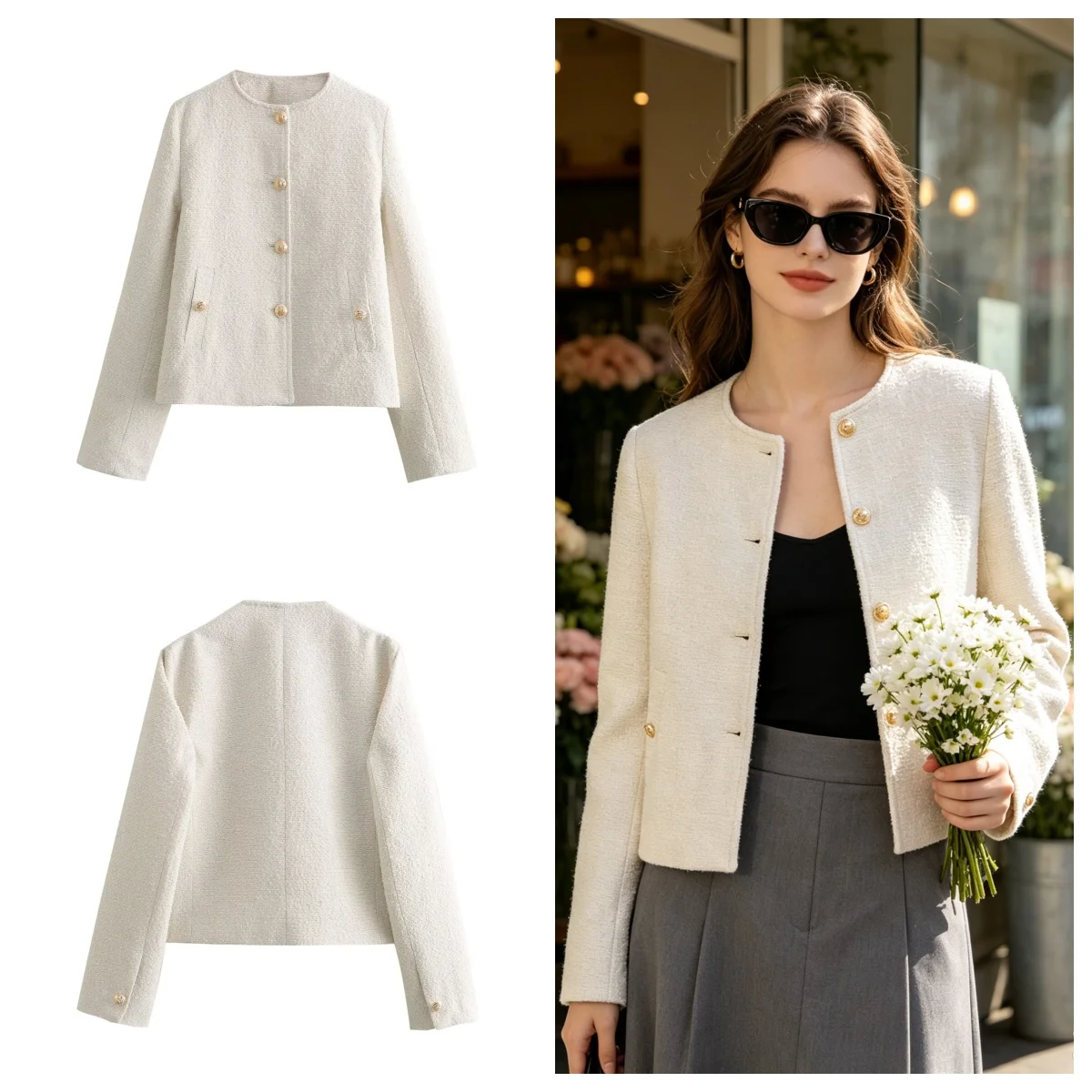 Guobioziy Women's Jacket 2026 New Fashion Button Round Neck Pocket Decor Long Elegant Street-Texture Top Casual Everyday Style