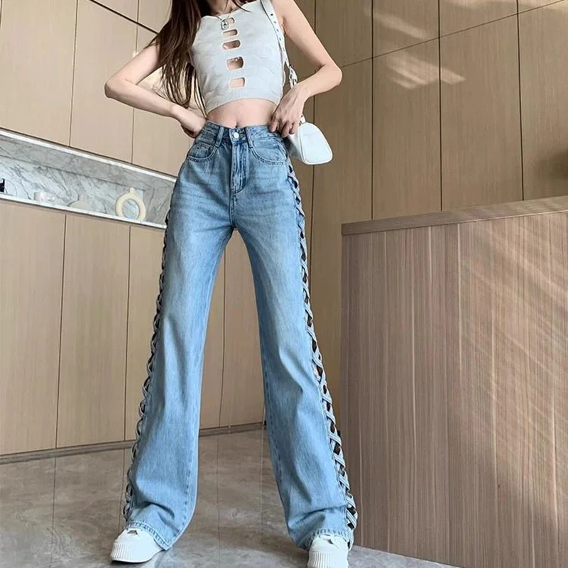 

Spring Summer Women's Jeans Side Design Sense Hollowing Out Ladies Cowboy Pants Trend Fashion Lady Straight Cylinder Trousers