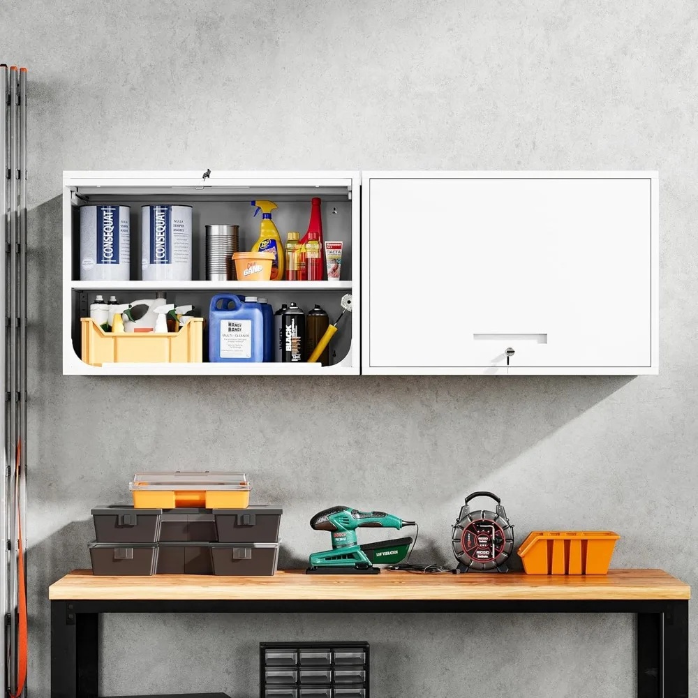 Metal Wall Cabinet with Doors and Shelves - Floating Storage Unit for Garage or Basement, White, 21.6 Inches Tall