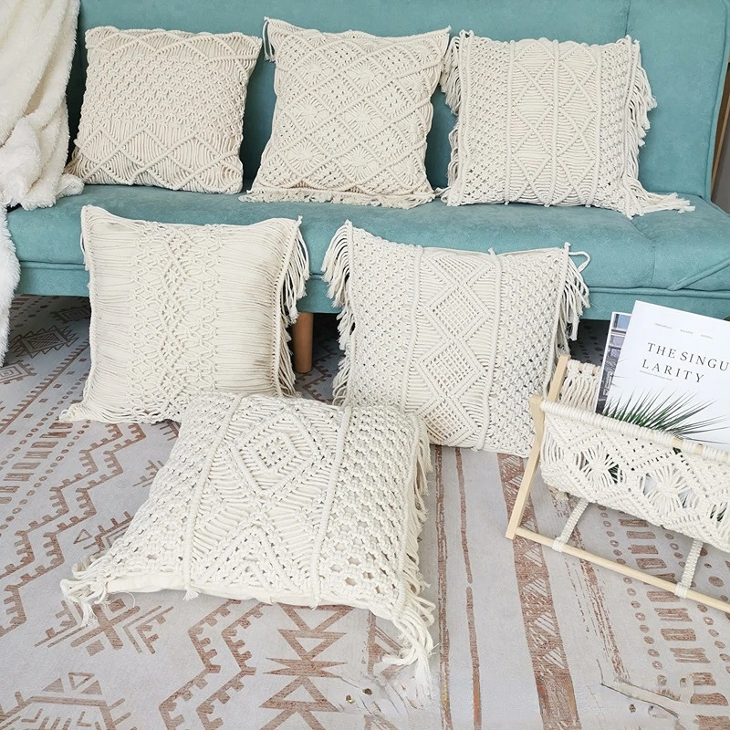 

Boho Style Cushion Cover Cotton Hand Made Woven Pillow Cover Tassels Home Decor Macrame Pillow Case Living Room Bedroom Sofa