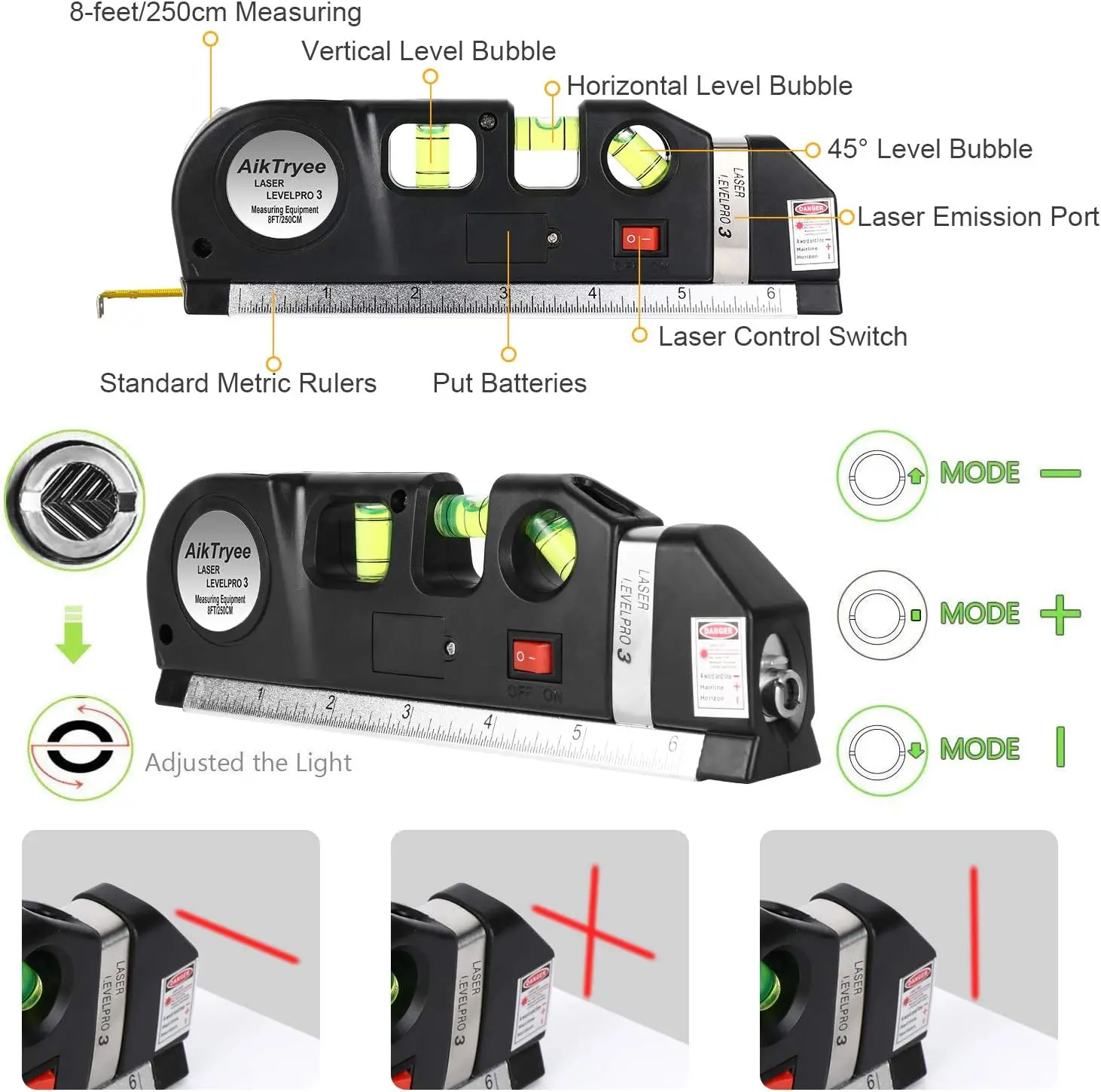 Laser Level Line Tool, Multipurpose Laser Level Kit Standard Cross Line Laser Leveler Beam Tool with Metric Rulers 8ft/2.5M