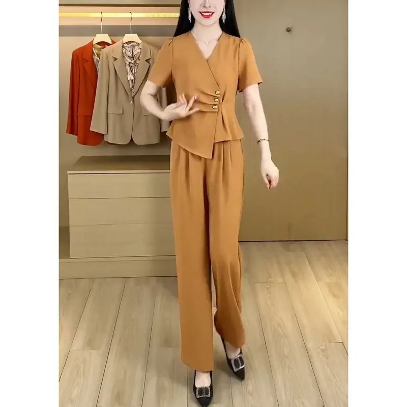 

Women V Neck Irregular Button Short Sleeve Top Straight Wide Leg Pants Elegant Two Piece Outfit