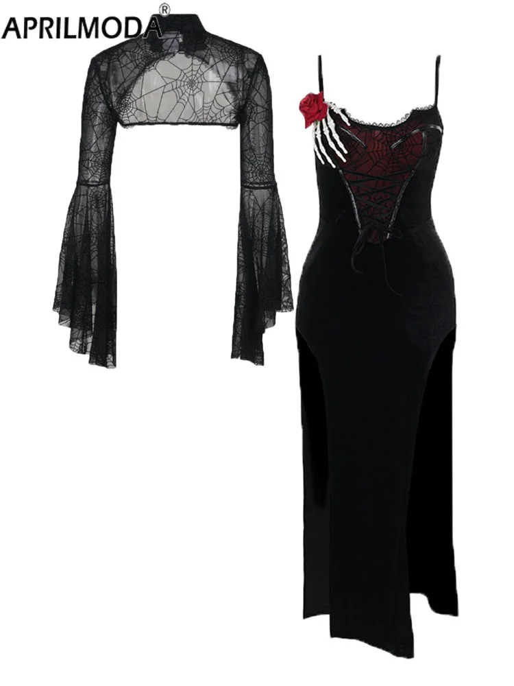 

Черное лоскутное готическое длинное облегающее платье на Хэллоуин для женщин, элегантное комплекты из 2 предметов с расклешенными длинными рукавами и плечами + платье на бретельках