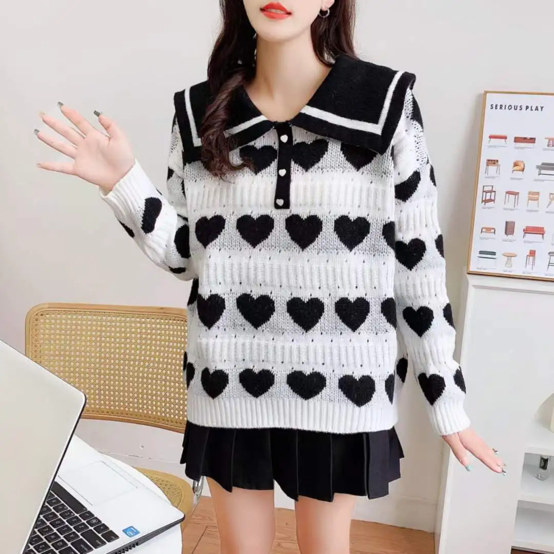 Women\'s Clothing Sweet Sailor Collar Jumpers Fashion 3D Heart-shaped Autumn Winter New Long Sleeve Korean Loose Knitted Sweaters