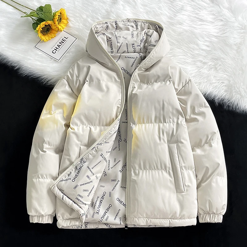 Double-Sided Wear Men Hooded Puffer Jackets Letter Printed Bubble Coat Winter Plus Size 8XL Hip Hop Parkas