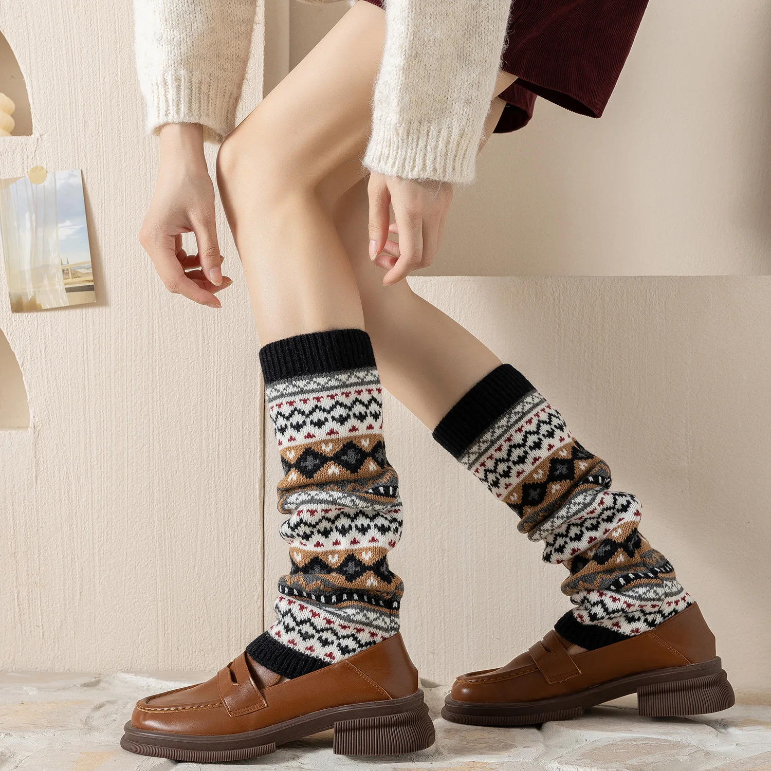 Christmas Red Leg Warmers Boho Knitted Boot Socks Yoga Ballet Dance Vintage Academic Style Thick Stacked Crew Socks Women Gift​