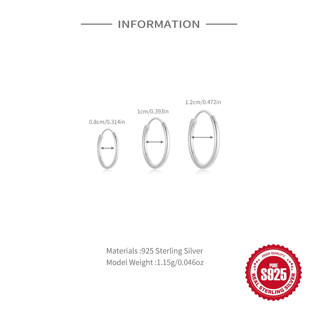 AIDE 925 Sterling Silver 8/10/12MM Hoop Earring for Women Smooth Circular 3 Pieces Simple Earrings Trendy Fashionable Jewelry