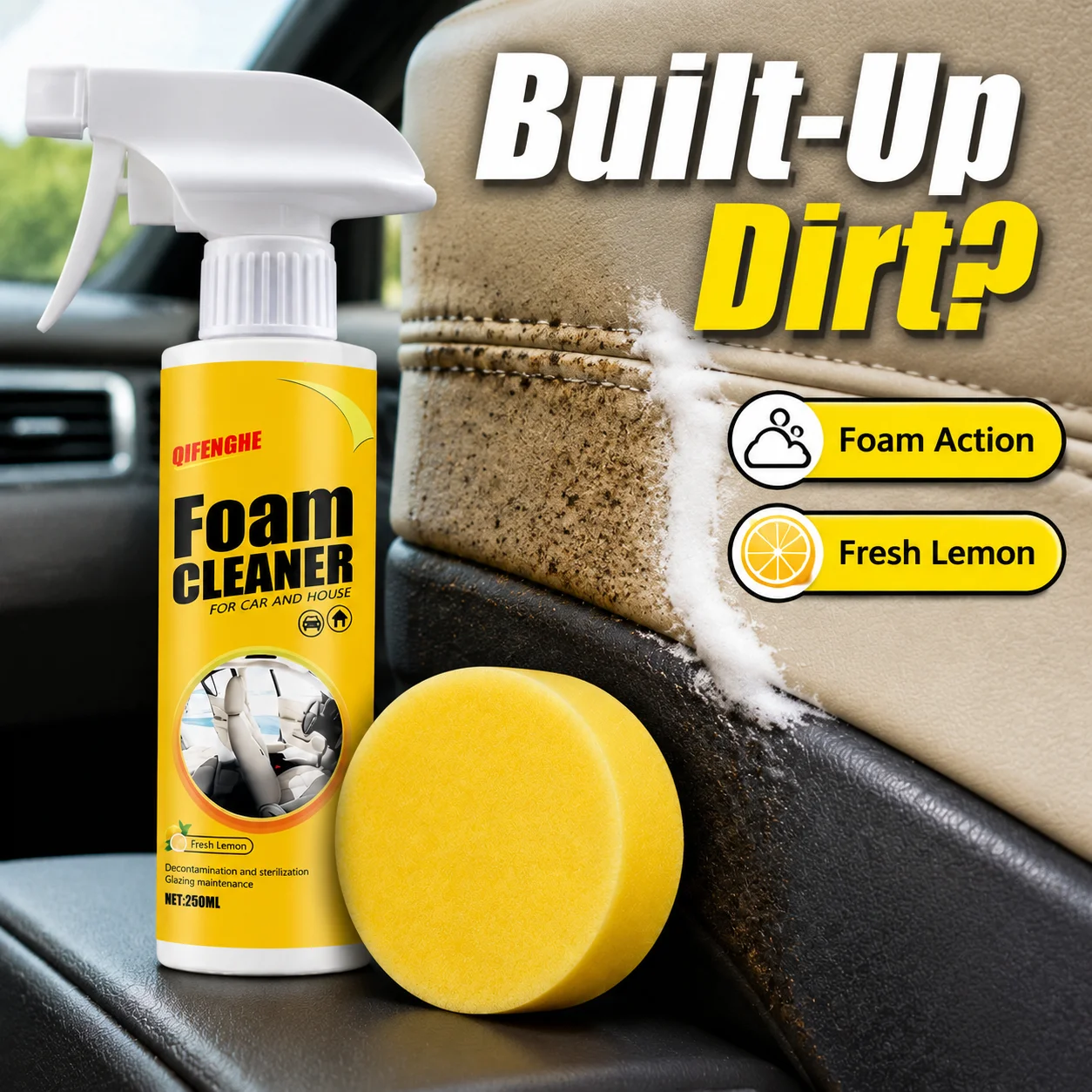 Multipurpose Foam Cleaner Spray 250ML, Car & Household Foaming Cleaner with 2 Cleaning Sponges, Lemon Scent Stain Remover for Car Interior, Leather, Sofa, Kitchen Surfaces