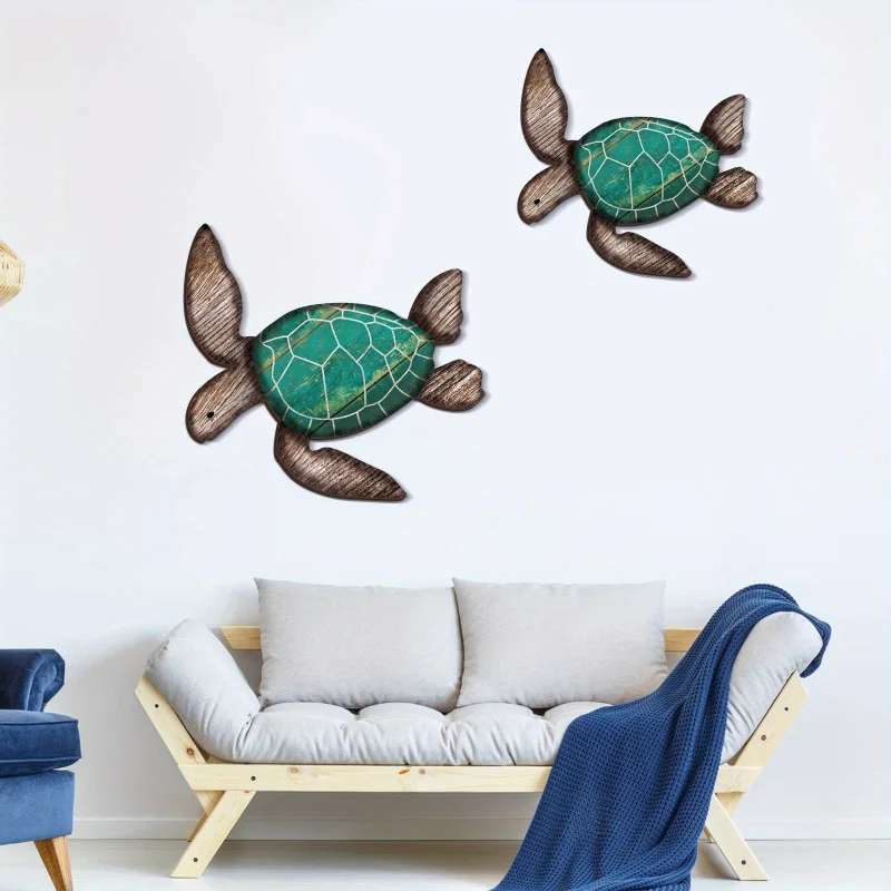 2Pieces/Set Wooden Turtle Wall Hanging Painting Farmhouse Turtle Hanging Decoration Beach Theme Decoration Vintage Turtle Coasta