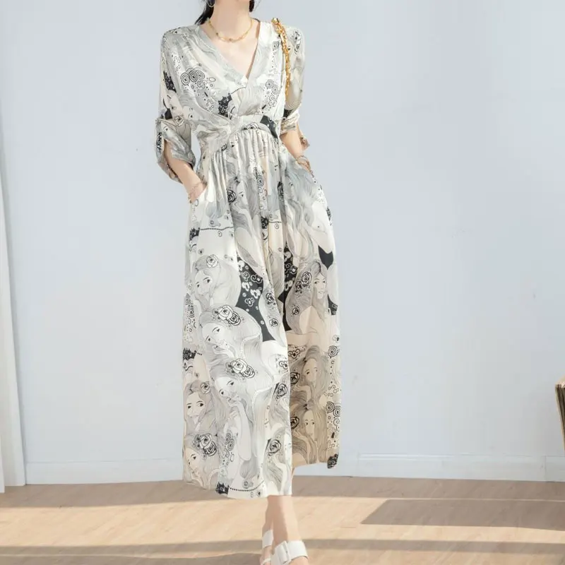 Vintage French Style Long Dress Elegant V-Neck Spring Summer Half Sleeve Female Clothing A-Line Waist Stylish Printed Dresses