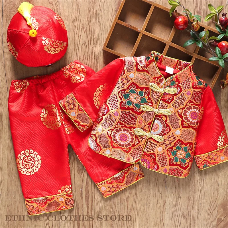 One-Year-Old Tang Suit Costume Baby Kids Child Chinese Festival New Year's Clothing Brocade Hanfu Oriental Costume Top Pants Set