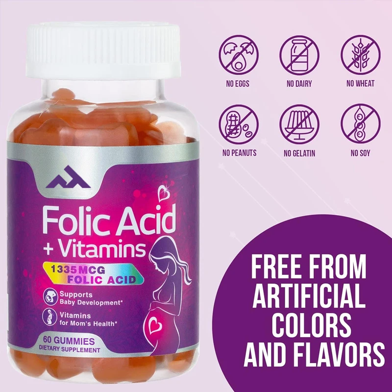 

Folic Acid Prenatal Multivitamin Gummies, Containing Folic Acid, Vitamin C, D3, B6, B9, and B12- Non GMO and Gluten Free