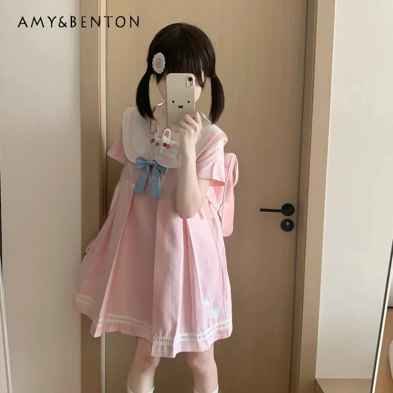 25COSCute آذان أرنب مطرزة الياقة البحرية فستان قصير نحيف الصيف اليابانية نمط Preppy الحلو كم قصير سليم الوردي مطوي