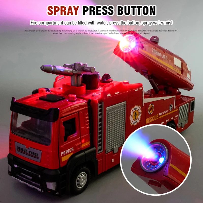 1/32 Fire Truck Model Toy Car Die-cast Metal Light Sound Simulation Water Spray Rescue Vehicle Pull-Back Car Models Christmas