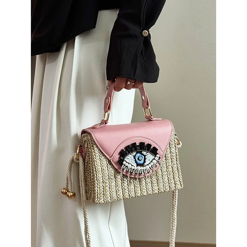 

Designer Bag Travel Box Beach Bags for Women Summer Shoulder Crossbody Bags Funny Big Eyes Straw Bag Rhinestone Women Handbag