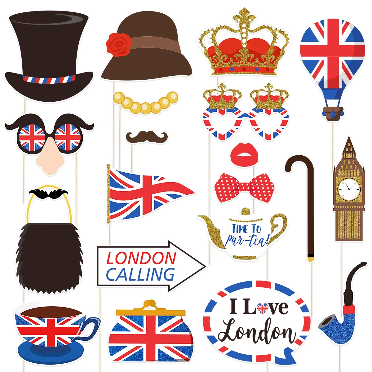 

London Party Decor Patriotic Photo Booth Props British Favors UK Flag National Day Set